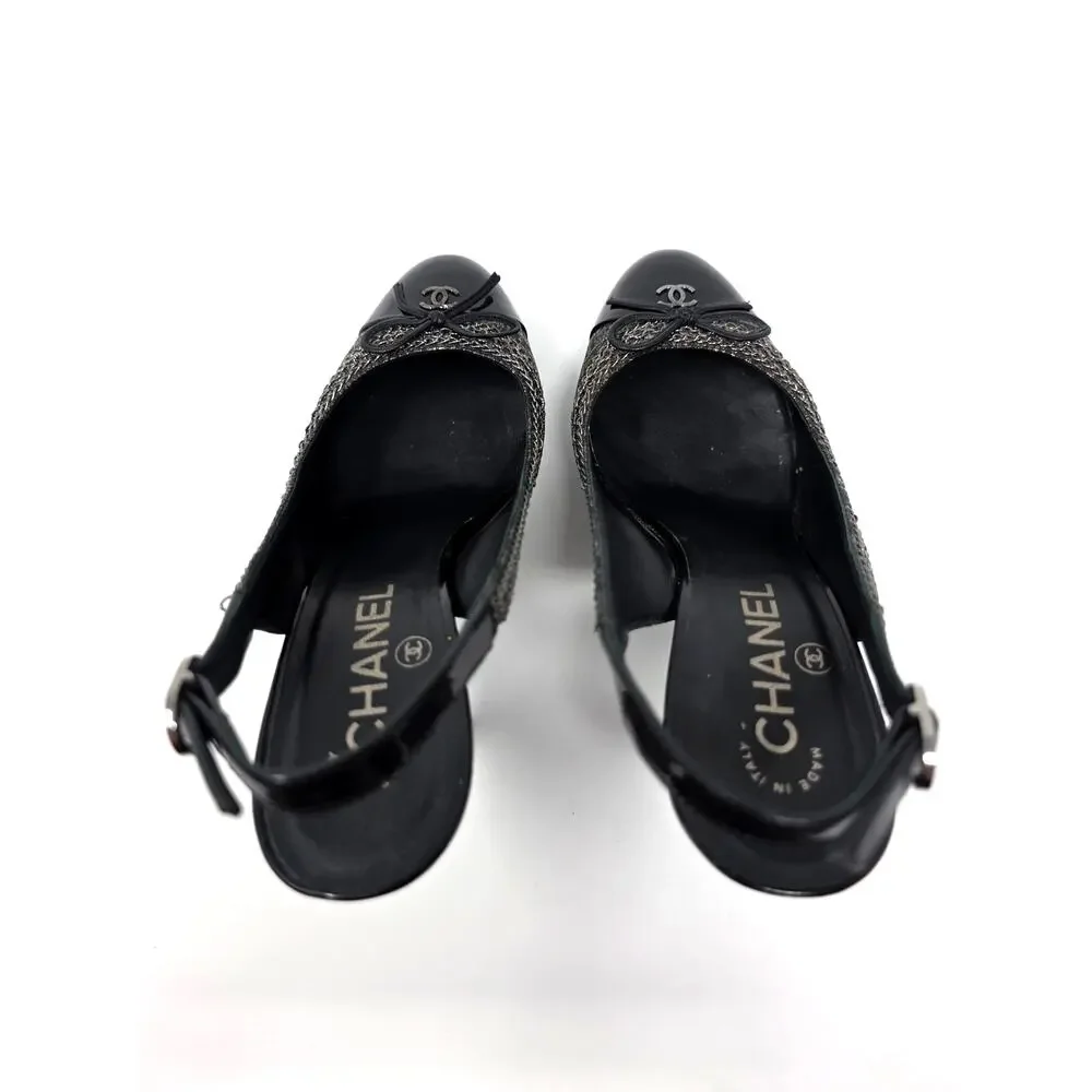 Chanel Slingback Platform Vintage Heels Cap Toe CC Logo Bow Chain Black 36.5 6